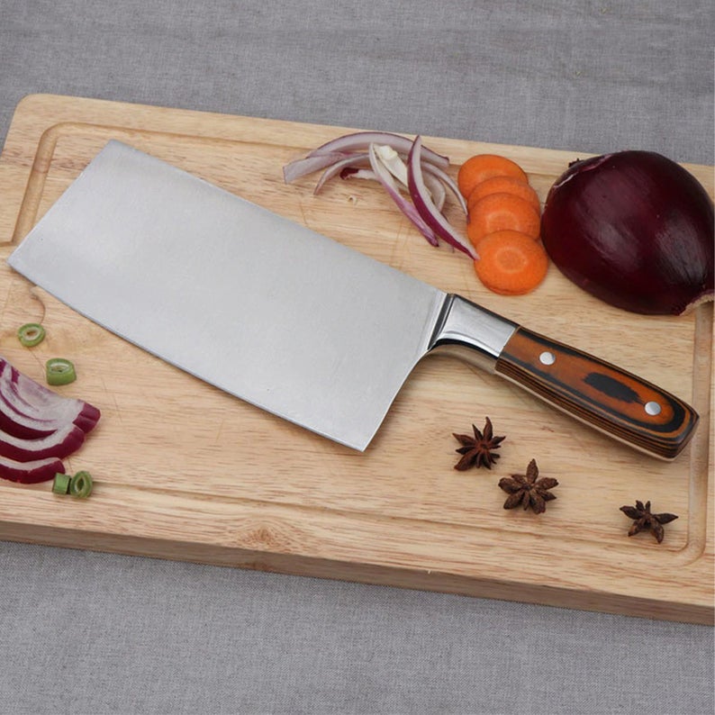 12.5-Inch Cleaver with Steel Bolster and Leather Sheath - Sturdy cleaver ideal for meat cutting, featuring a high-quality leather sheath