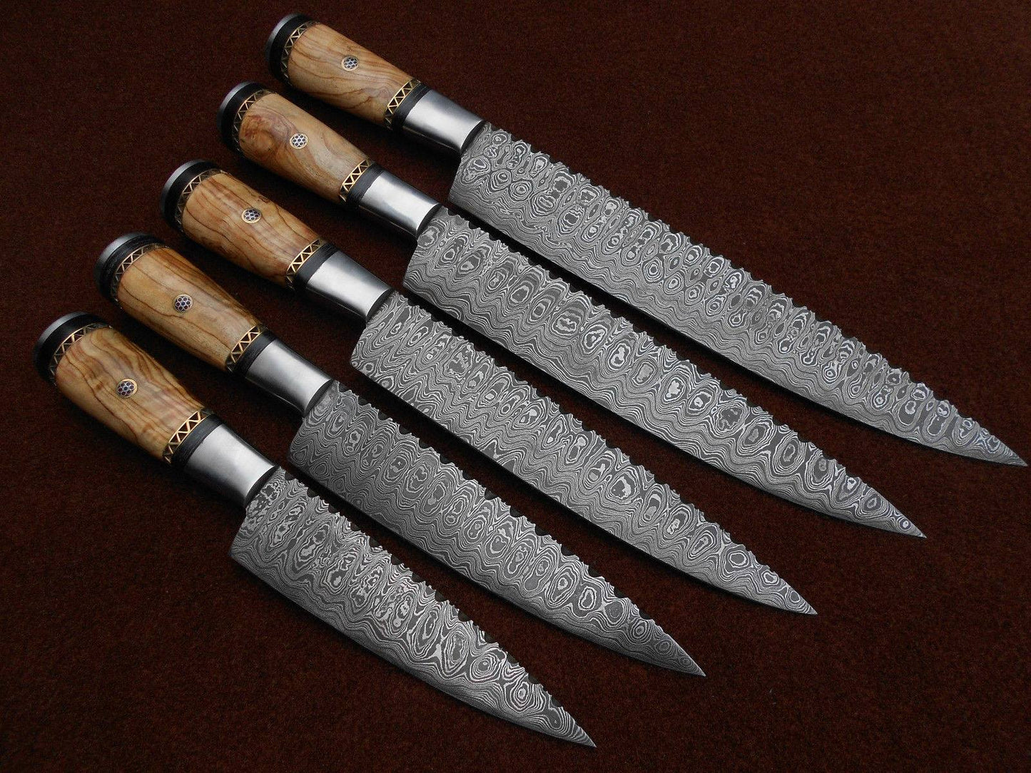 Custom Handmade 13” Damascus Steel Knife with Olive Wood Handle & Steel Bolster | Leather Sheath – Great Affordable Knife Sets