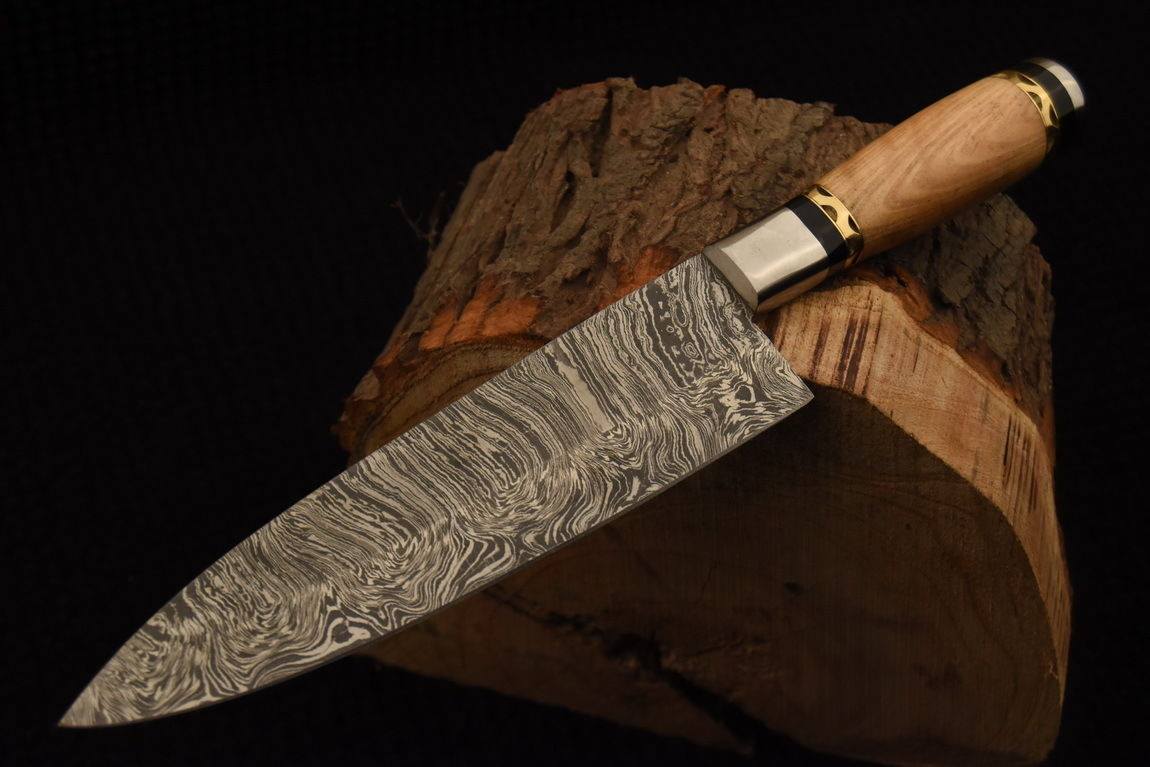 Custom Handmade Damascus Steel Chef Knife with 13 Inch Blade, Olive Wood Handle, Steel Bolsters, and Brass Spacers