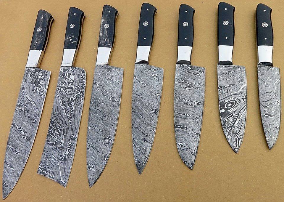 Custom Handmade 13” Damascus Steel Kitchen Knife – Buffalo Horn Handle with Steel Bolster & Leather Sheath | Top Rated Kitchen Knife Set