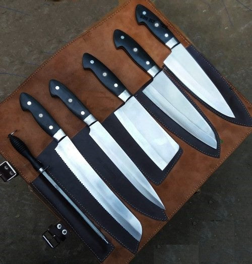 Cutting Knife Set – 13” Handmade J2 Steel Chef Knife with Buffalo Horn Handle, Steel Bolster & Leather Sheath