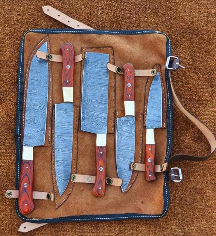 Custom Handmade 13” Damascus Steel Chef Knife – Pakka Wood Handle, Brass Bolster & Leather Roll | Sharpest Knife Set Essential