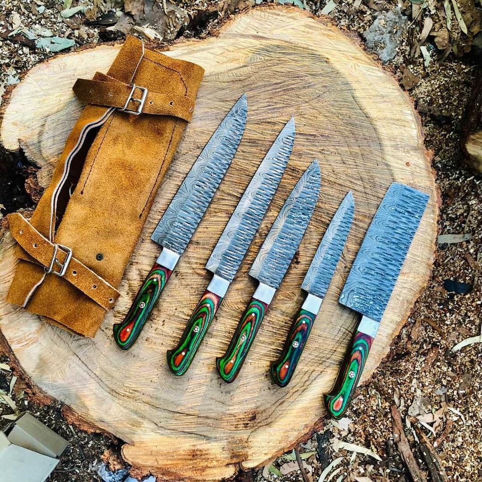 Custom Handmade Damascus Steel Chef Knife – 13” with Pakkawood Handle, Steel Bolster & Leather Roll Kit | Best Damascus Knives