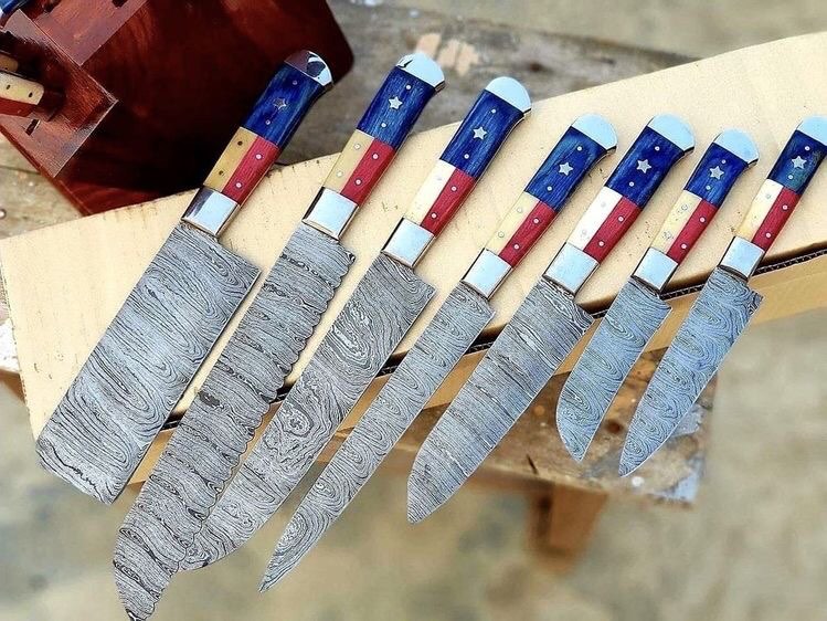 TEXAS FLAG HANDLE DAMASCUS KITCHEN KNIVES SET