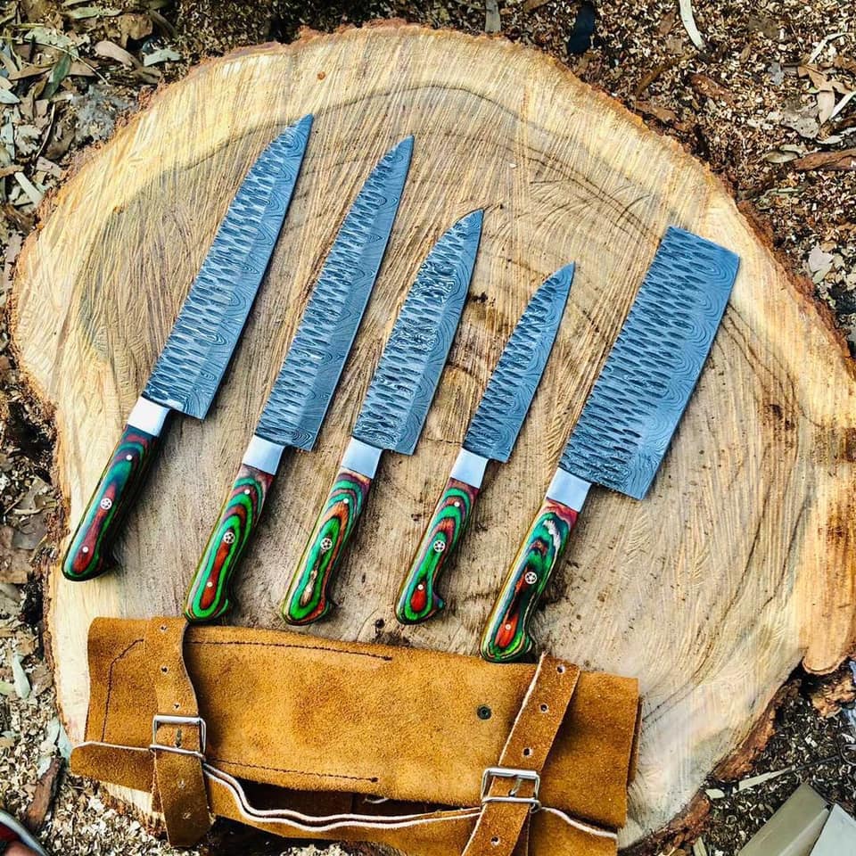 Custom Handmade Damascus Steel Chef Knife – 13” with Pakkawood Handle, Steel Bolster & Leather Roll Kit | Best Damascus Knives