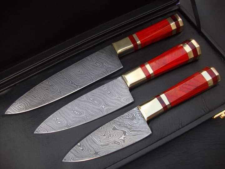 Custom Handmade Damast Steel Knife – 13” with Resin Handle, Brass Bolster & Leather Roll Kit