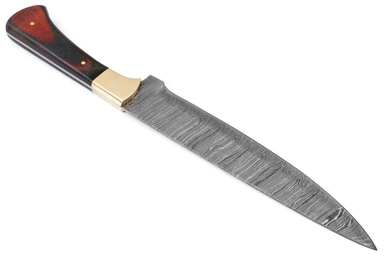 Close-up of a 12-inch Damascus steel fillet knife featuring an exotic wood handle and brass bolster, with a leather sheath