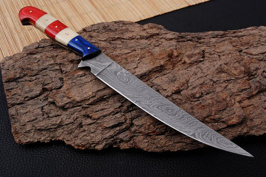 Close-up of the Exotic Wood and Bone Handle on the 12-Inch Damascus Fillet Knife.