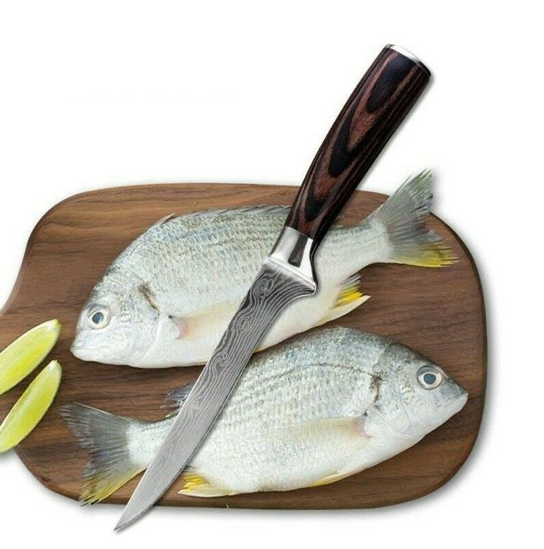 Custom 10.5 Inch Damascus Steel Fillet Knife with Leather Sheath and Exotic Wood Handle - Perfect for Fishing