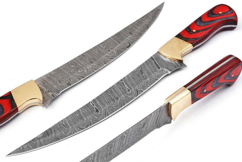 Custom Handmade 12-inch Damascus Fillet Knife with exotic wood handle and brass bolster, displayed with leather sheath
