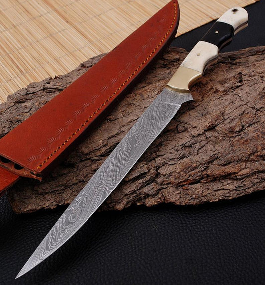 Custom Handmade 13-Inch Damascus Fillet Knife with Buffalo Horn and Bone Handle