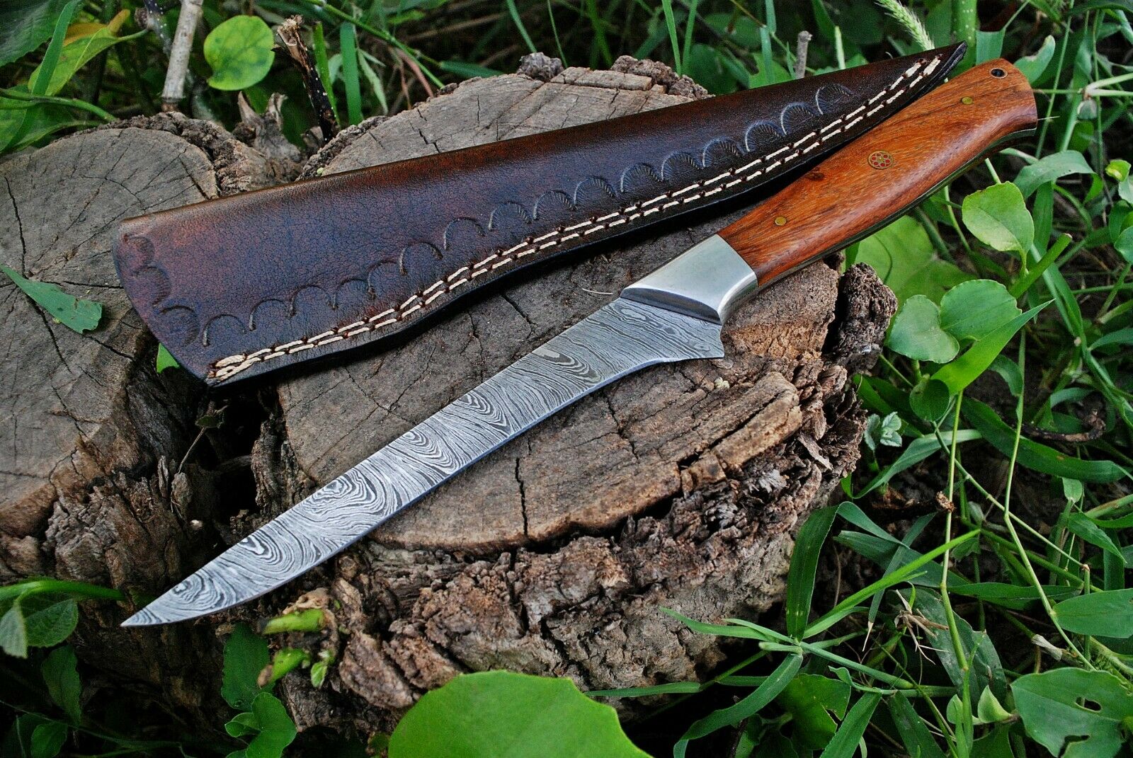 Custom Handmade Damascus Fillet Knife with 10.5" Blade, Rosewood Handle, and Leather Sheath