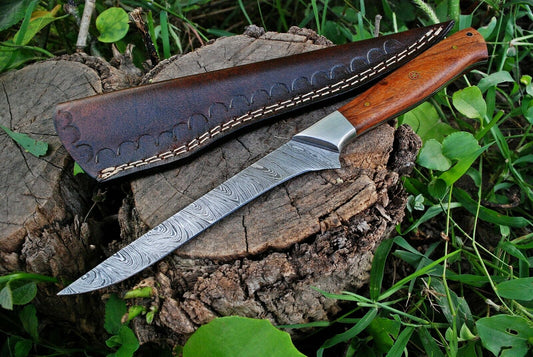 Custom Handmade Damascus Fillet Knife with 10.5" Blade, Rosewood Handle, and Leather Sheath