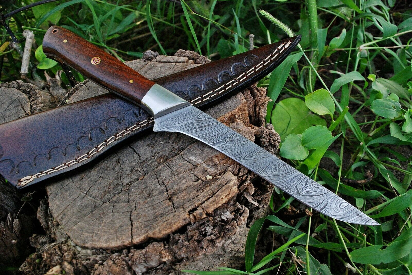 Custom Handmade Damascus Fillet Knife with 10.5" Blade and Rosewood Handle, Includes Leather Sheath