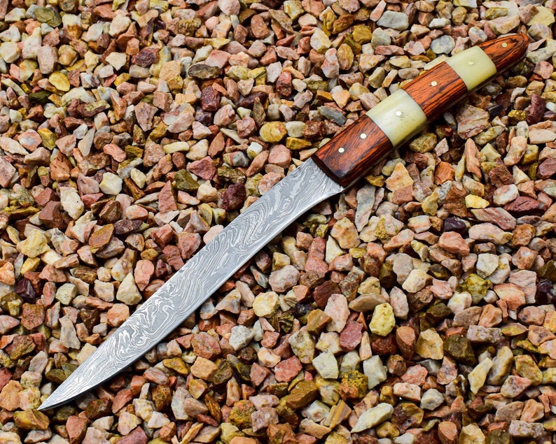 Custom Handmade Damascus Fillet Knife with Bone and Rosewood Handle