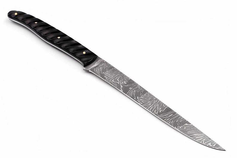 Custom Handmade Damascus Fillet Knife with Micarta Handle and Leather Sheath
