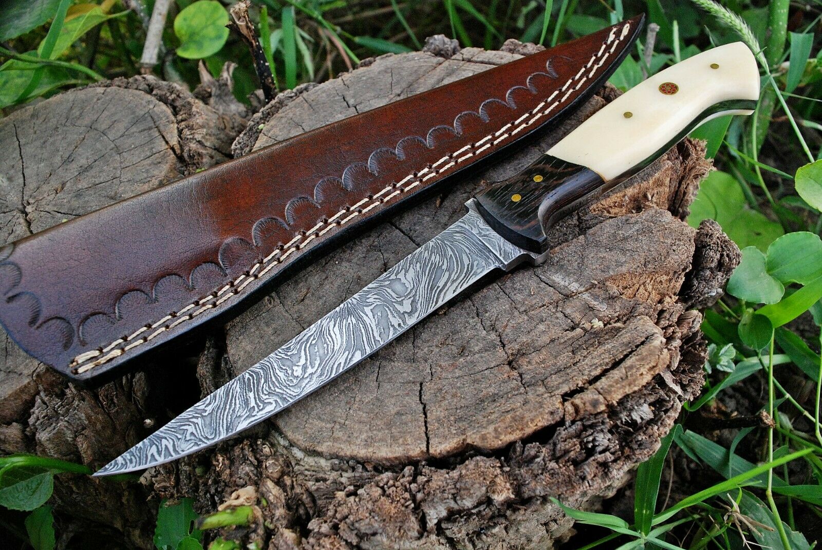Custom Handmade Damascus Fishing Fillet Knife with 11" Blade, Wenge Wood and Bone Handle, and Leather Sheath