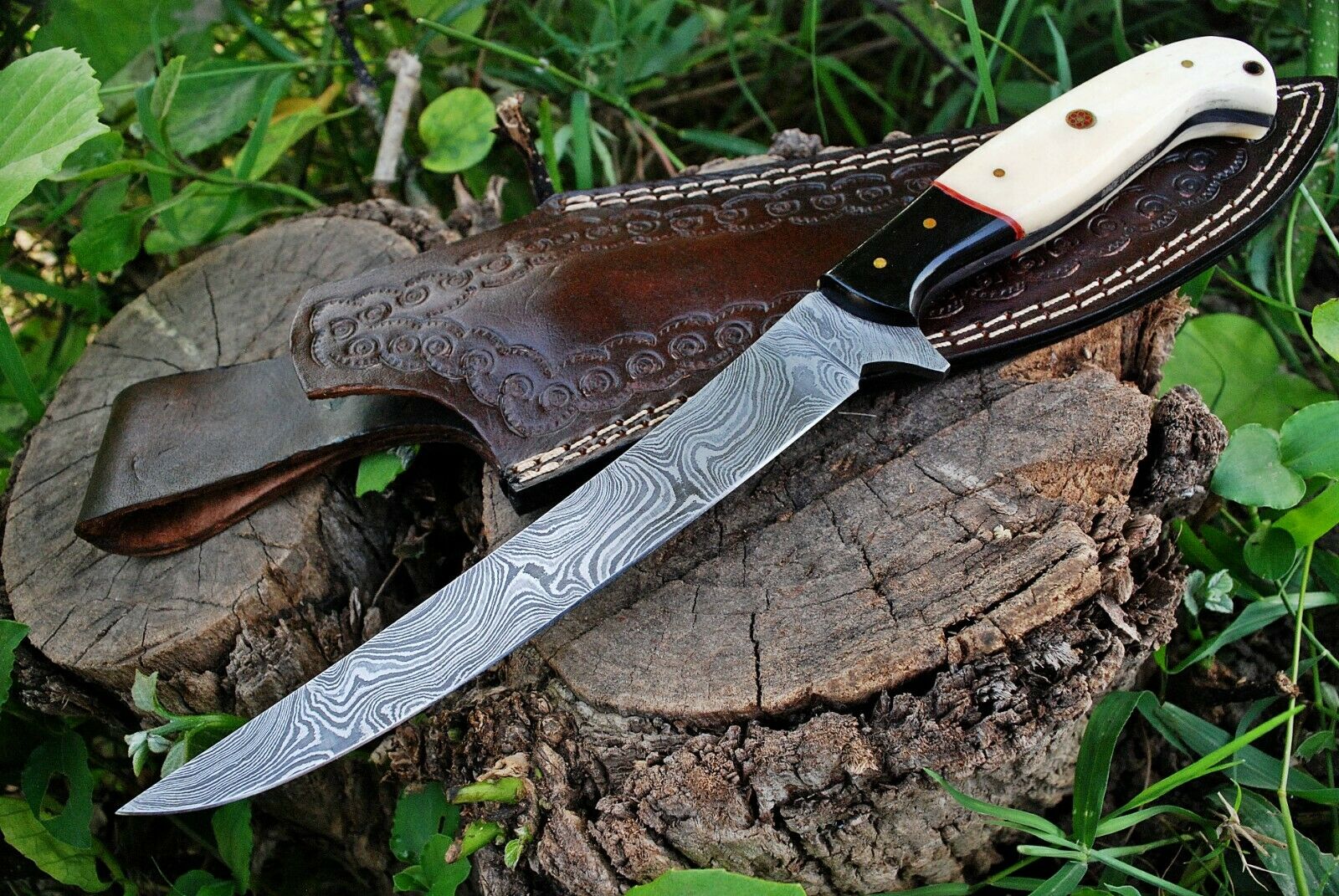 Custom Handmade Damascus Fishing Fillet Knife with 13" Blade, Bone and Micarta Handle, and Leather Sheath