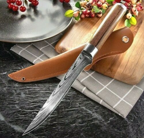 Custom Handmade Damascus Steel Fillet Knife with 10.5" Flexible Blade, Exotic Wood Handle, and Leather Sheath
