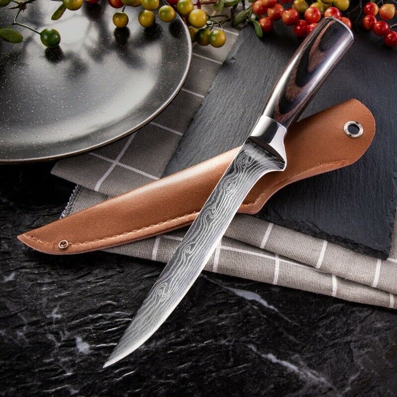 Custom Handmade Damascus Steel Fillet Knife with Exotic Wood Handle, Steel Bolster, and Leather Sheath - 10.5 Inch Flexible Fishing Fillet Knife