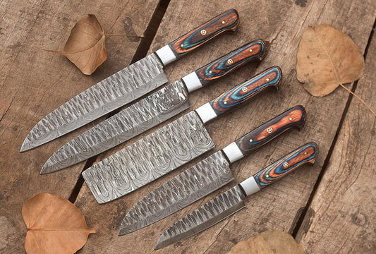 Custom Handmade Damascus Steel Knives Set with Pakkawood and Olivewood Handles
