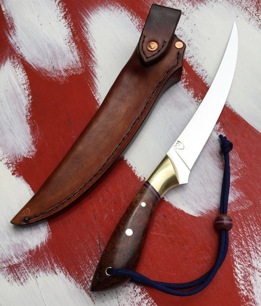 Custom Handmade Stainless Steel Fillet Knife with 11.5-inch Blade, Rosewood Handle, Brass Bolster, and Leather Sheath