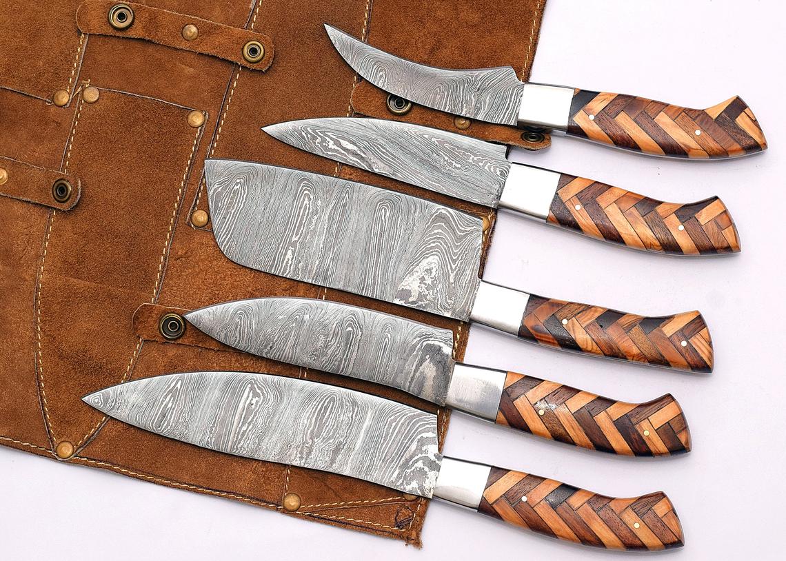 "Custom handmade Damascus chef knife set with pakkawood and olivewood handles, featuring 8” to 13” blades