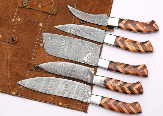 "Custom handmade Damascus chef knife set with pakkawood and olivewood handles, featuring 8” to 13” blades