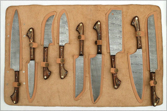 Custom handmade Damascus knife set with pakkawood and olivewood handles.