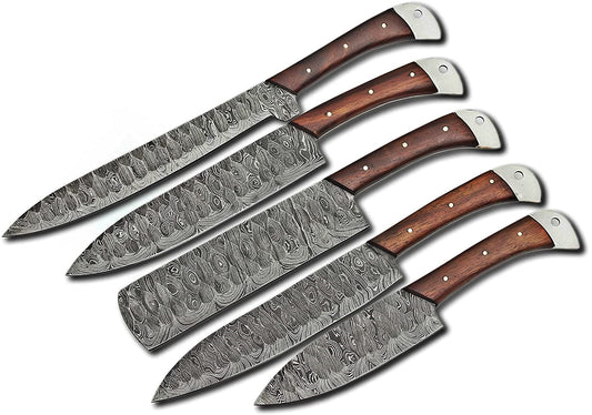 Custom handmade Damascus steel knife sets with 9” to 13” hand-forged blades and rosewood handles, featuring unique patterns and ergonomic design