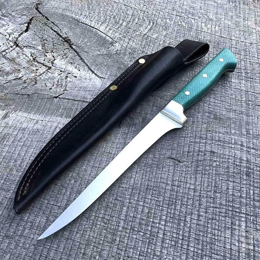 Custom handmade stainless steel fishing fillet knife with a 13-inch blade, green micarta handle, steel bolsters, and leather sheath