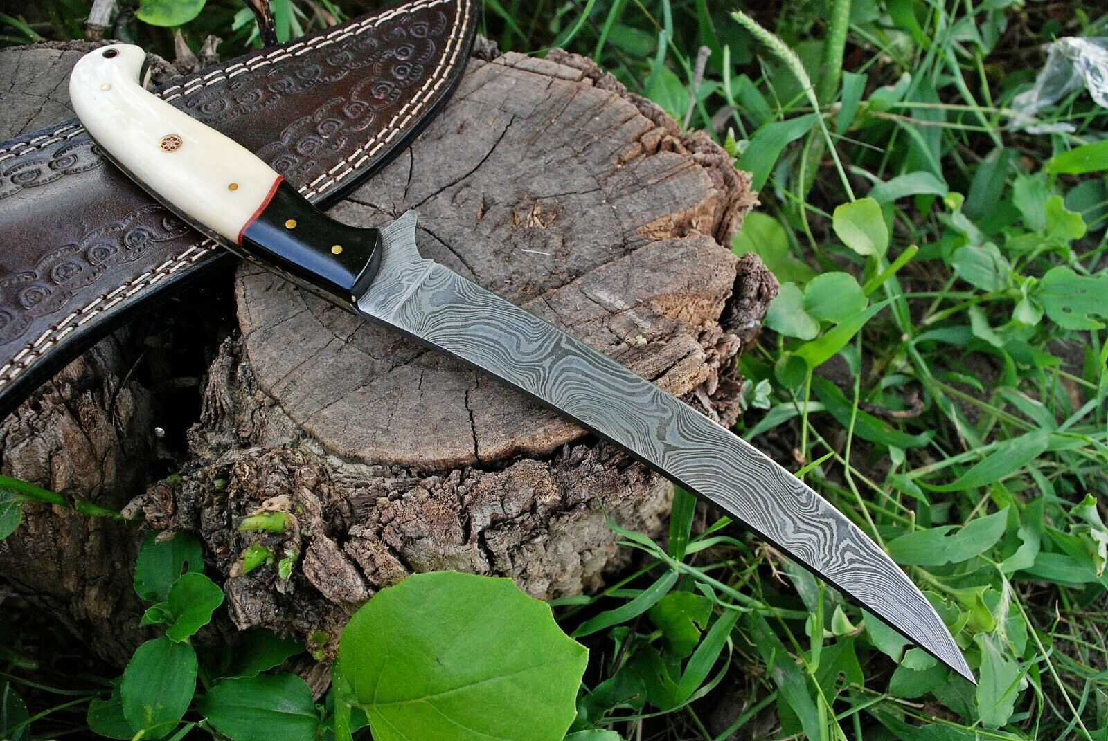 Damascus Fishing Fillet Knife with 13" Blade, Bone and Micarta Handle, and Leather Sheath