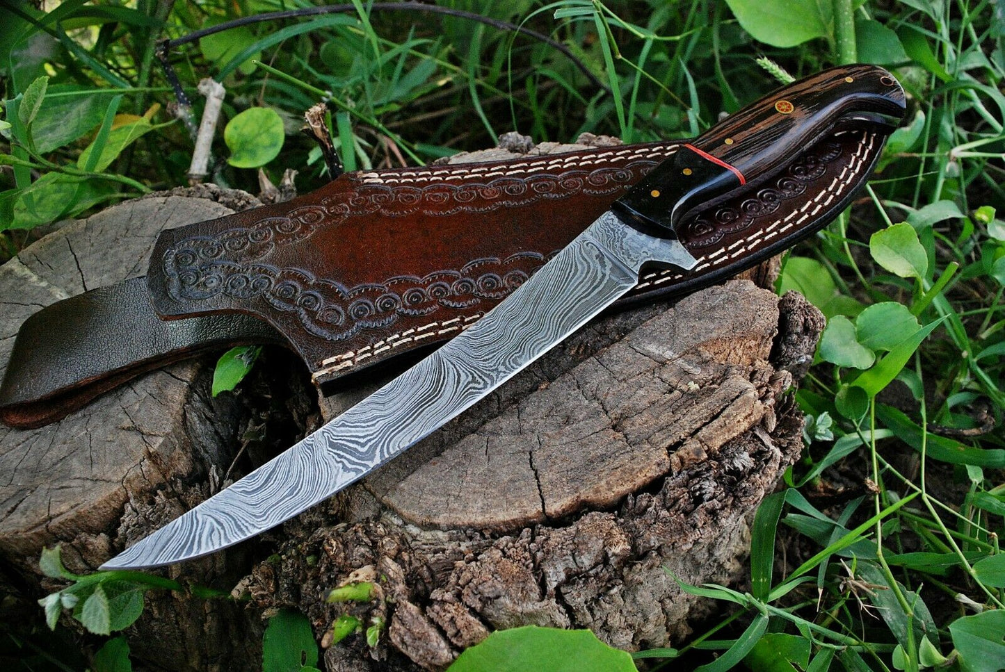 Damascus Steel Fillet Knife with 13" Sharp Blade, Wenge Wood and Micarta Handle, and Leather Sheath