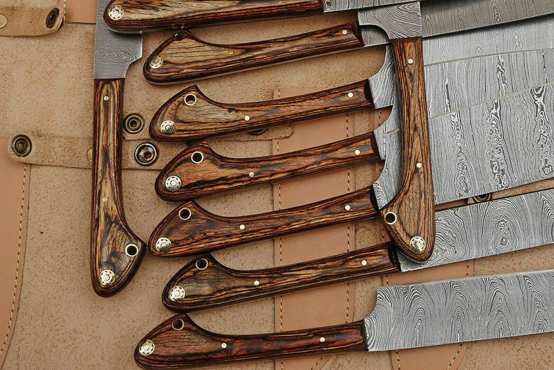 Damascus steel chef knife set with 8 to 13-inch blades and steel bolsters