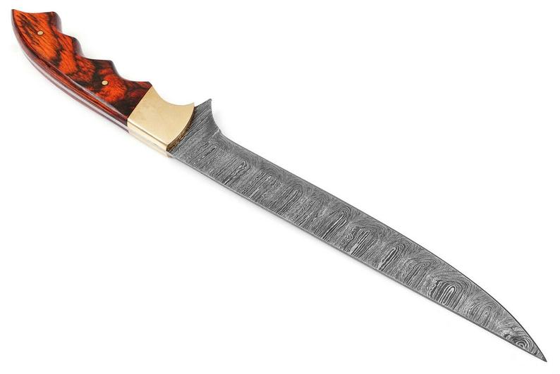 Detailed view of a 12-inch Damascus steel fillet knife with an exotic wood handle, brass bolster, and sharp edge blade, alongside a leather sheath