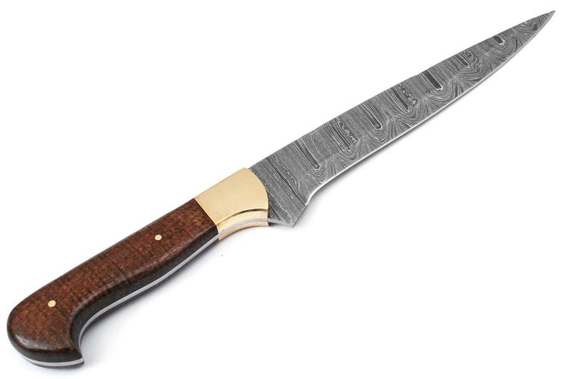 Elegant 12-inch Damascus fillet knife with Micarta handle and brass bolster, accompanied by a leather sheath