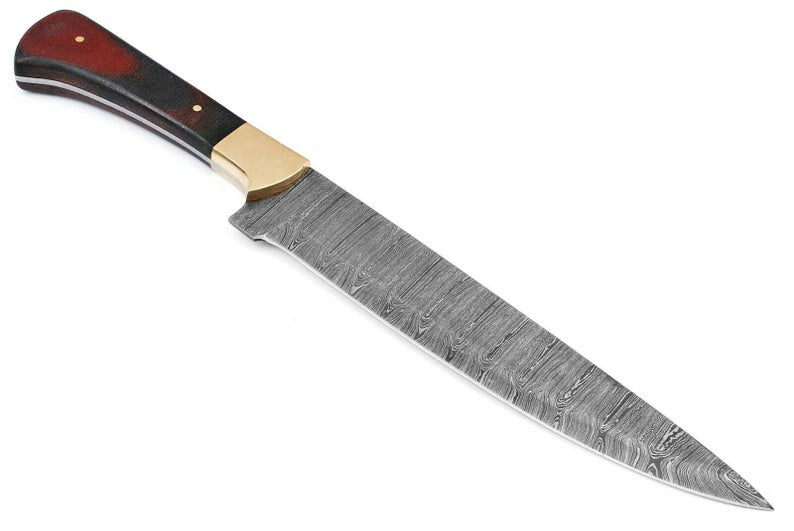 Elegant 12-inch Damascus fillet knife with exotic wood handle, sharp edge blade, and brass bolster, shown with a leather sheath