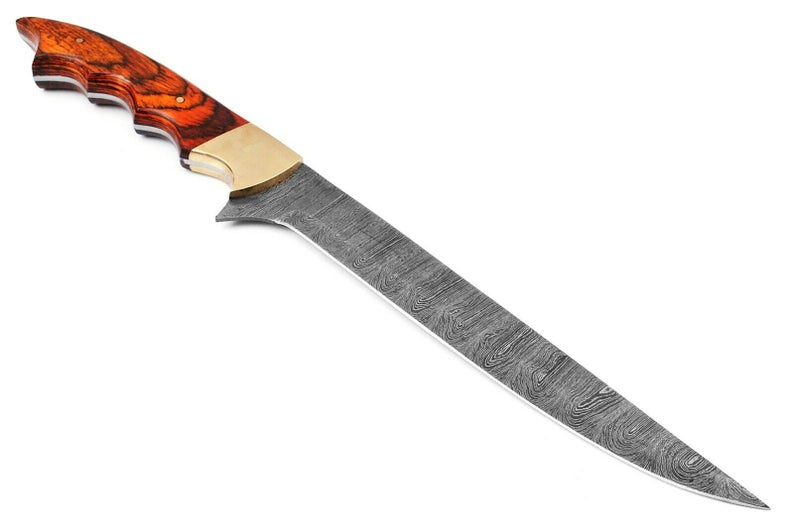 Elegant 12-inch Damascus fillet knife with sharp blade, exotic wood handle, and brass bolster, shown with leather sheath