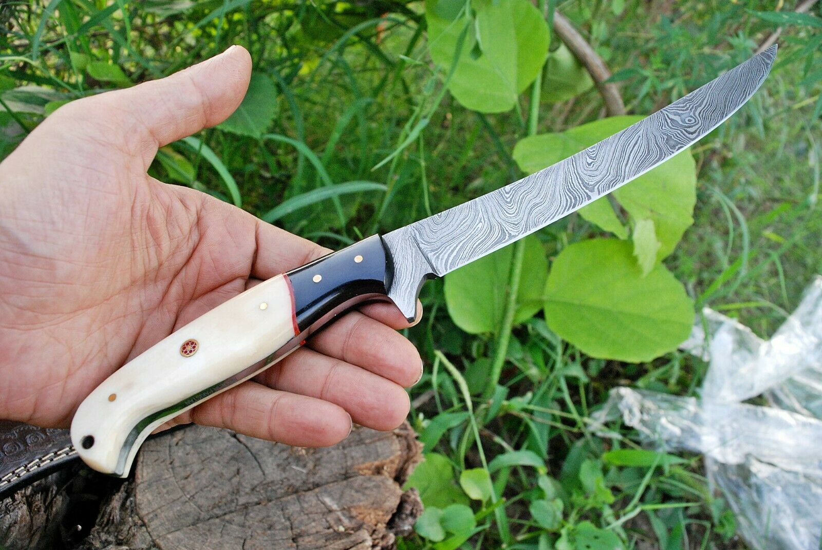 Elegant Custom Damascus Fillet Knife with 13" Blade, Bone and Micarta Handle, and Protective Leather Sheath