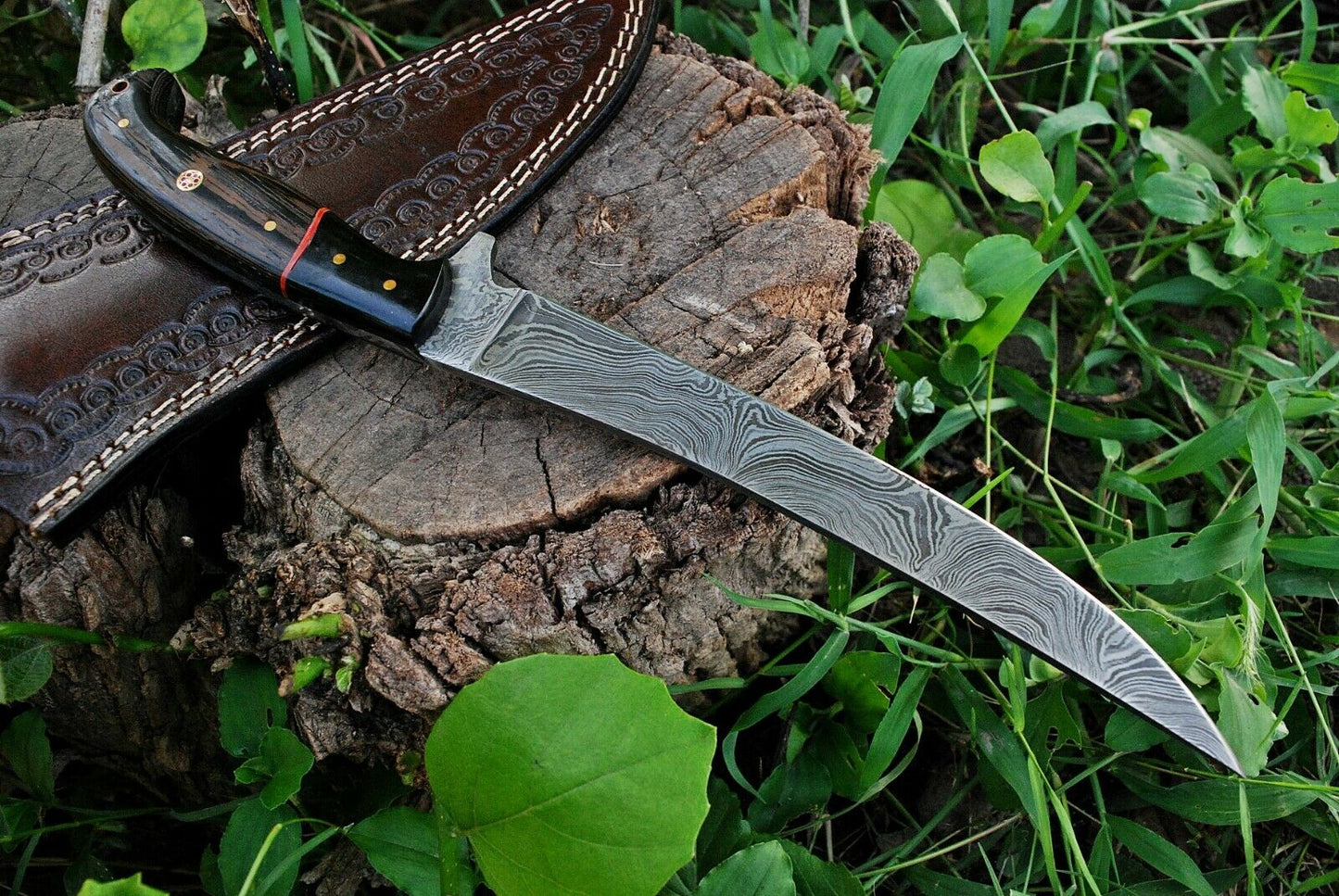 Elegant Custom Damascus Fillet Knife with 13" Blade, Wenge Wood and Micarta Handle, and Protective Leather Sheath