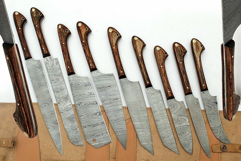 Elegant Damascus kitchen knife set with handcrafted pakkawood and olivewood handles