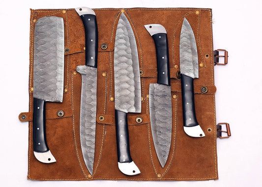 Elegant custom handmade Damascus steel knife sets with 9" to 13" blades, featuring durable resin handles for comfort and style in the kitchen