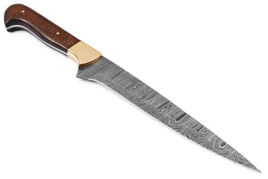 Handcrafted 12-inch Damascus fillet knife with Micarta handle, brass bolster, and protective leather sheath