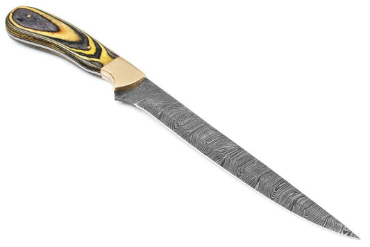 Handcrafted 12-inch Damascus steel fillet knife with a Pakka wood handle and brass bolster, accompanied by a leather sheath