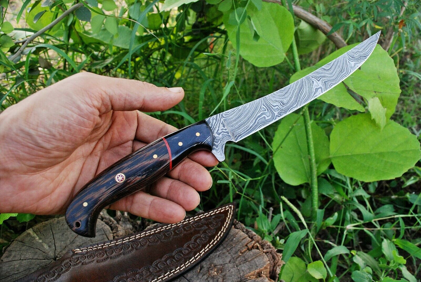 Handcrafted 13" Damascus Fillet Knife with Wenge Wood and Micarta Handle, Includes Leather Sheath