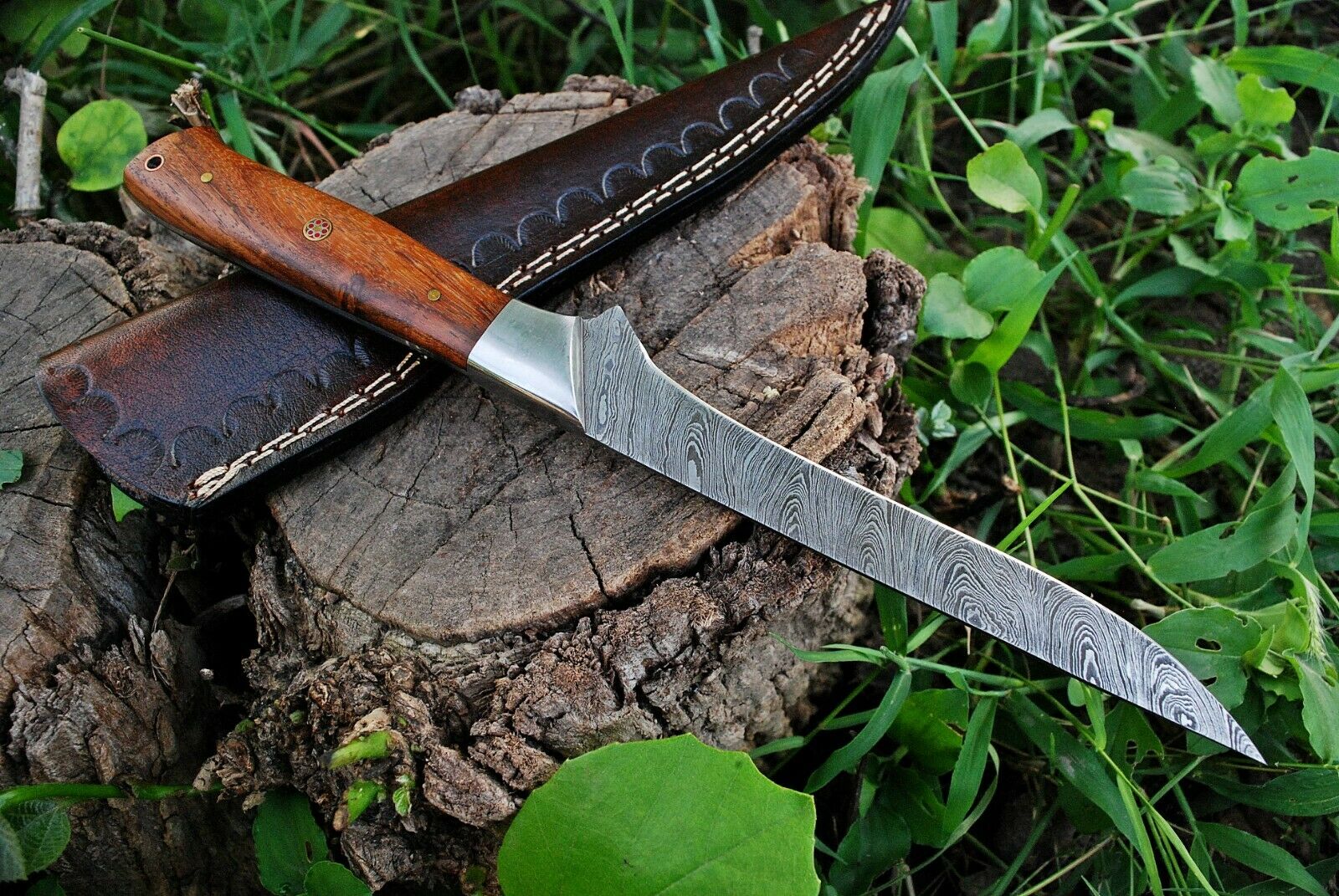 Handcrafted Damascus Fillet Knife, 10.5" Blade with Rosewood Handle and Leather Sheath