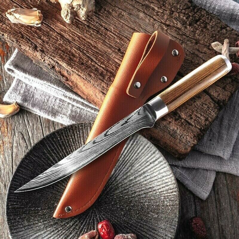 Handmade Damascus Steel Fillet Knife with 10.5" Flexible Blade, Exotic Wood Handle, and Leather Sheath
