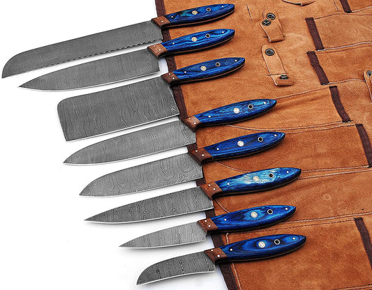 Luxurious custom handmade Damascus kitchen knife set with twisted pattern blades and exotic wood handles