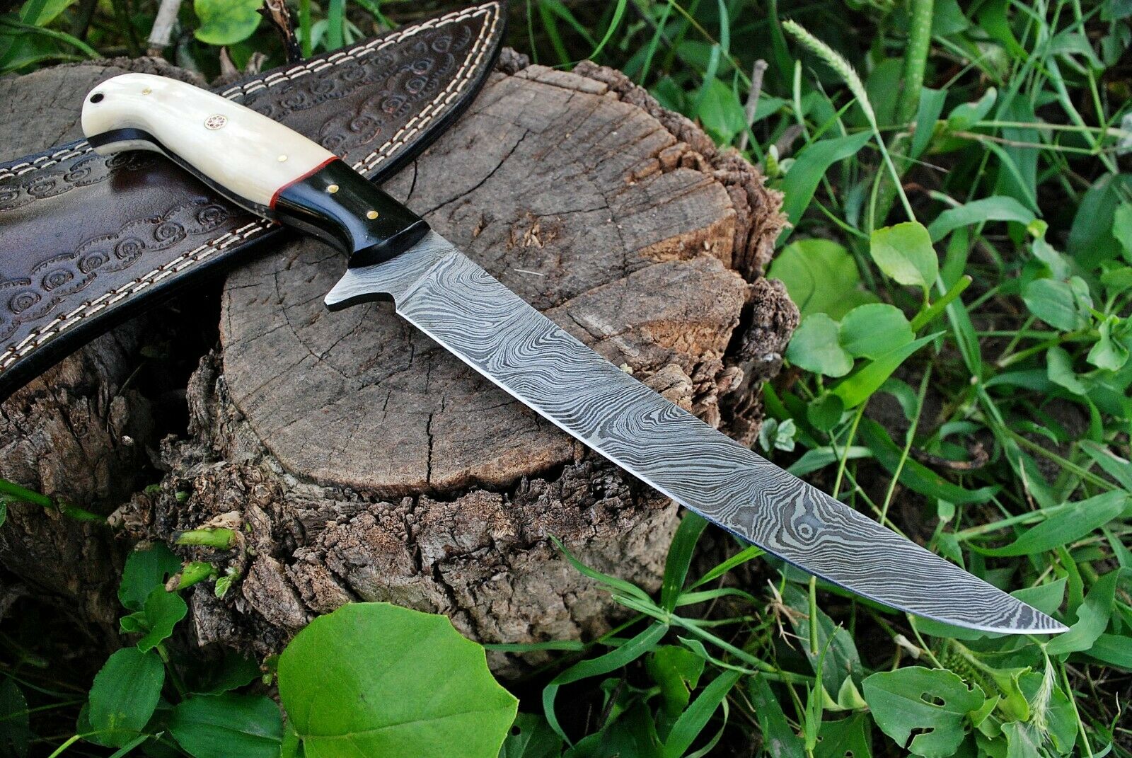 Premium 13" Damascus Fishing Fillet Knife with Comfortable Bone and Micarta Handle and Leather Sheath