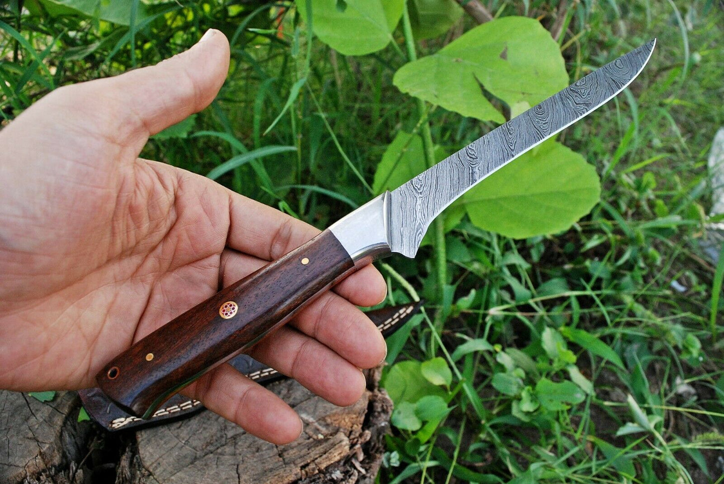 Premium Damascus Steel Fillet Knife with 10.5" Sharp Blade, Rosewood Handle, and Leather Sheath